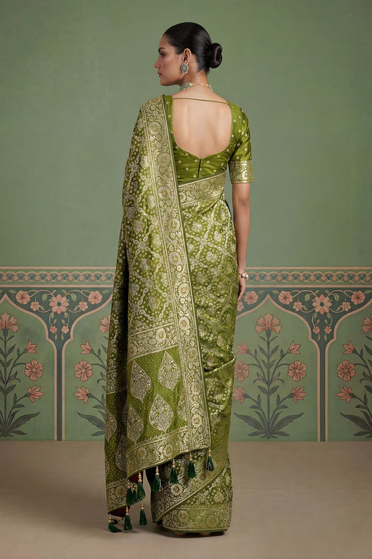 Olive Green Heavy Embroidered Banarasi Silk Saree