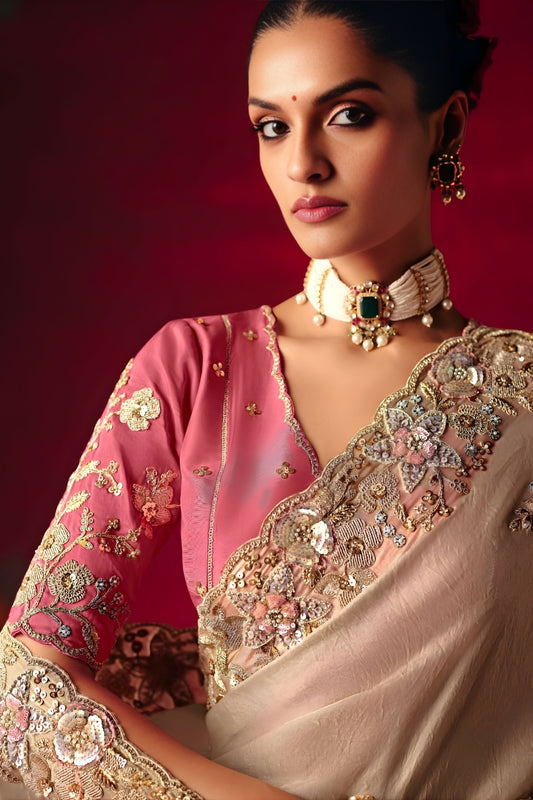 Designer Beige Silk Saree with Heavy Sequin Embroidery Border