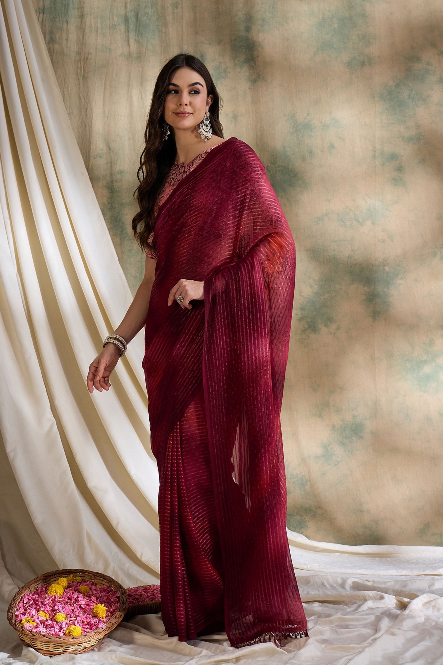 Elegant Maroon Pleated Saree with Designer Printed Blouse