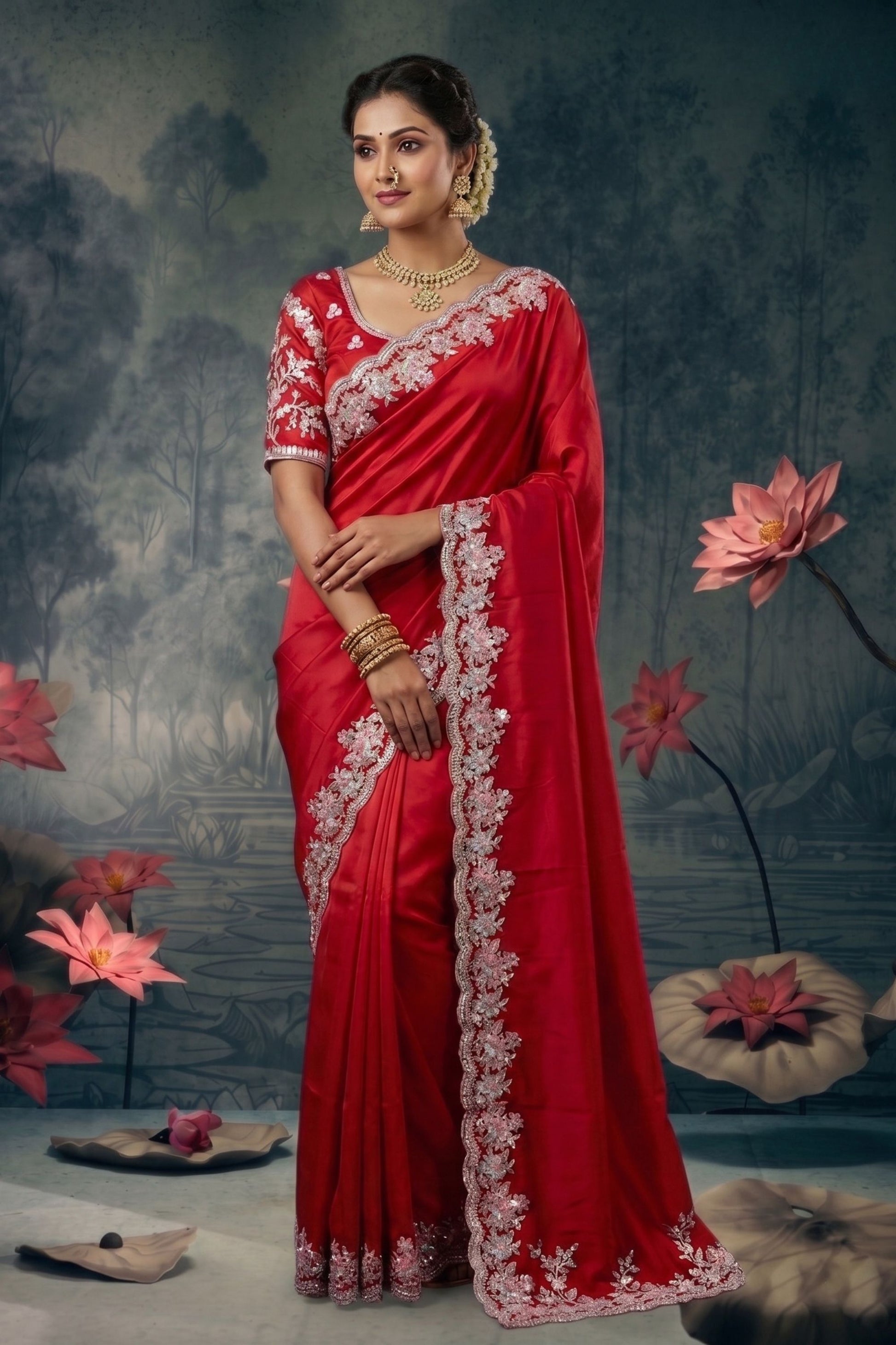 Red Silk Designer Saree with Heavy Floral Embroidered Border