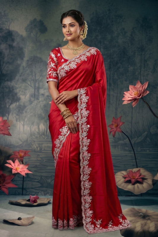 Red Silk Designer Saree with Heavy Floral Embroidered Border