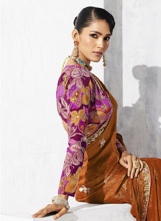 Rust Orange Silk Saree with Golden Pink Designer Blouse