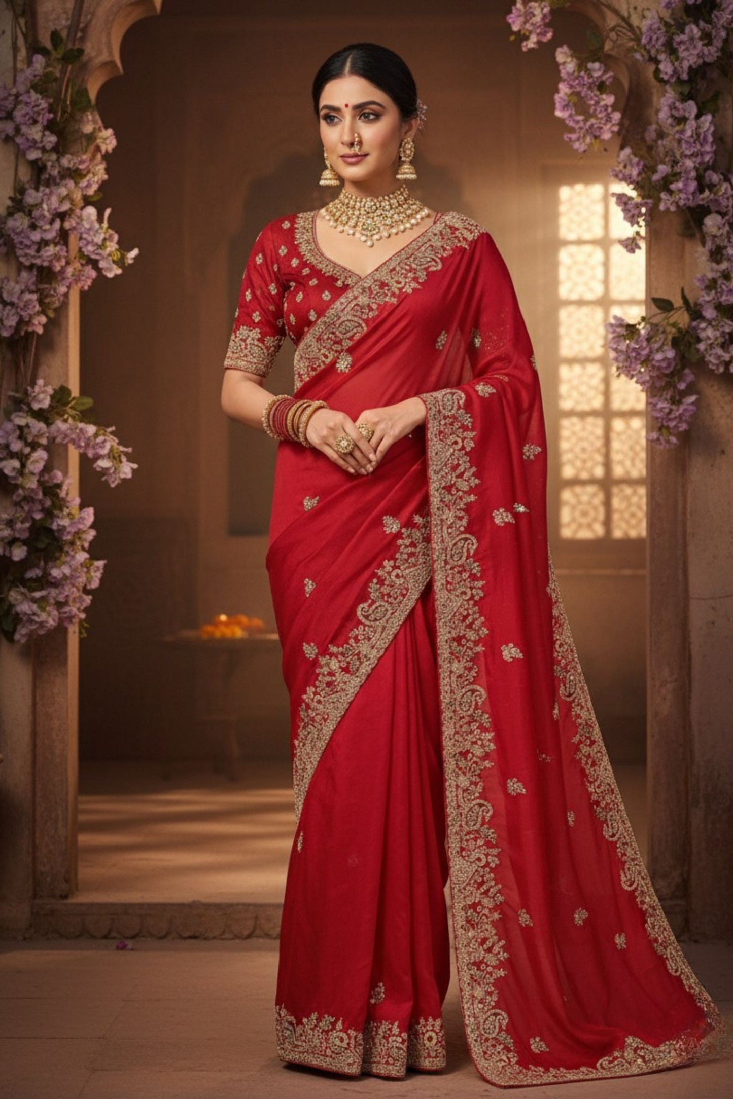 Designer Red Silk Saree with Golden Embroidery Matching Blouse
