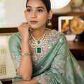 Sage Green Embroidered Satin Silk Saree Floral Designer Border
