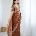 Rust Brown Organza Silk Saree with Heavy Designer Blouse