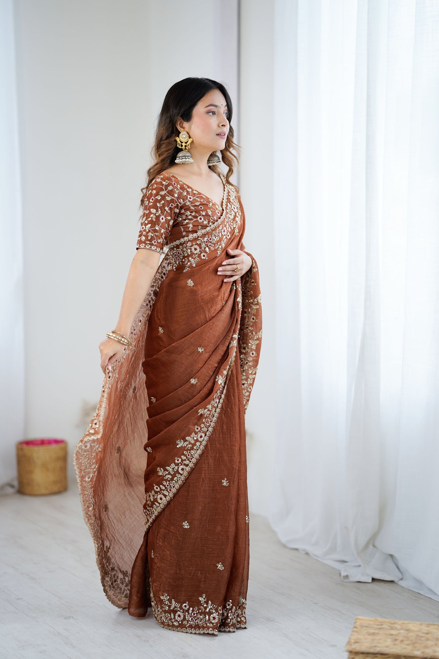Rust Brown Organza Silk Saree with Heavy Designer Blouse