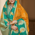 Mustard Yellow Teal Green Kanjivaram Silk Saree Zari Peacock Motif Border