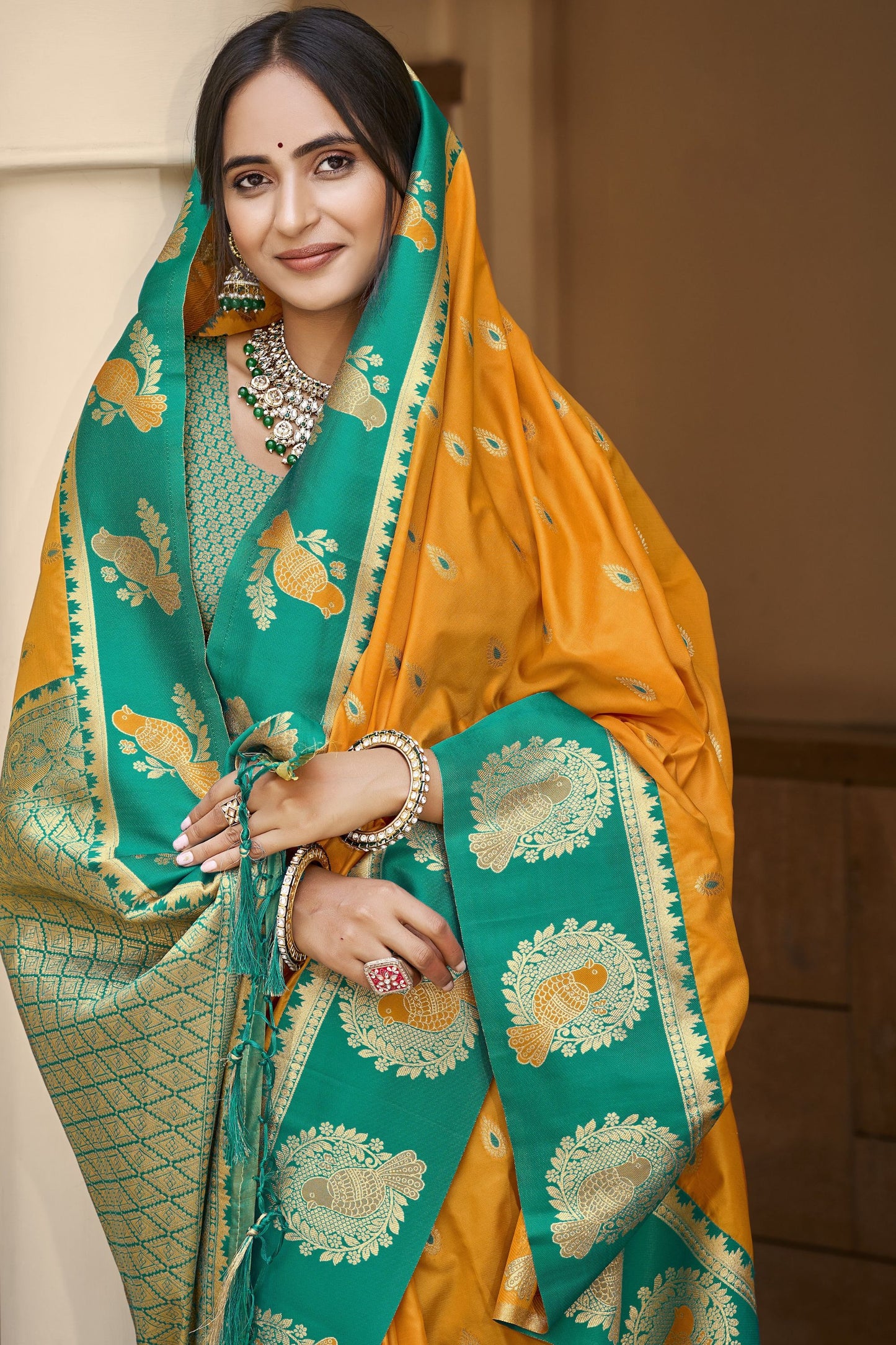 Mustard Yellow Teal Green Kanjivaram Silk Saree Zari Peacock Motif Border