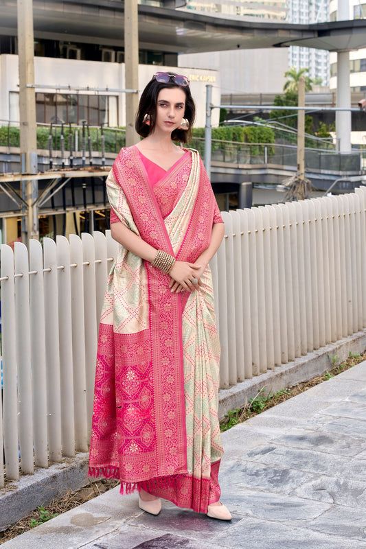 Cream And Pink Patola Print Saree with Intricate Border Festive Wear