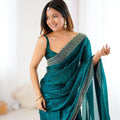 Teal Green Designer Georgette Saree with Heavy Golden Embroidered Border