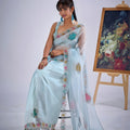 Designer Sky Blue Organza Saree with Floral Embroidery Party Saree