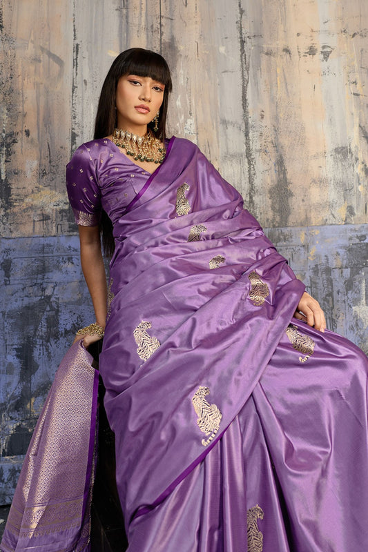 Premium Lavender Banarasi Silk Saree with Rich Zari Woven Border