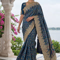 Navy Blue Banarasi Silk Saree Heavy Zari Embroidery Rich Designer Border