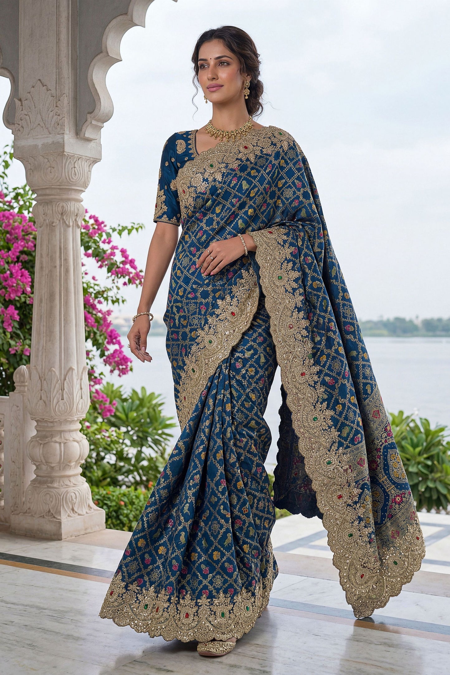 Navy Blue Banarasi Silk Saree Heavy Zari Embroidery Rich Designer Border