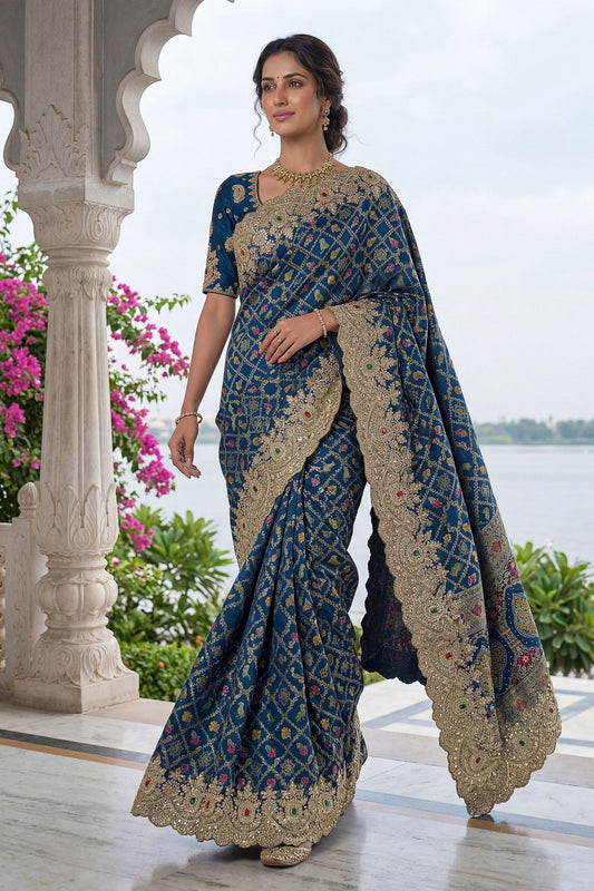 Navy Blue Banarasi Silk Saree Heavy Zari Embroidery Rich Designer Border