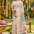  Beige Linen Silk Saree Multicolor Peacock Floral Print Zari Border