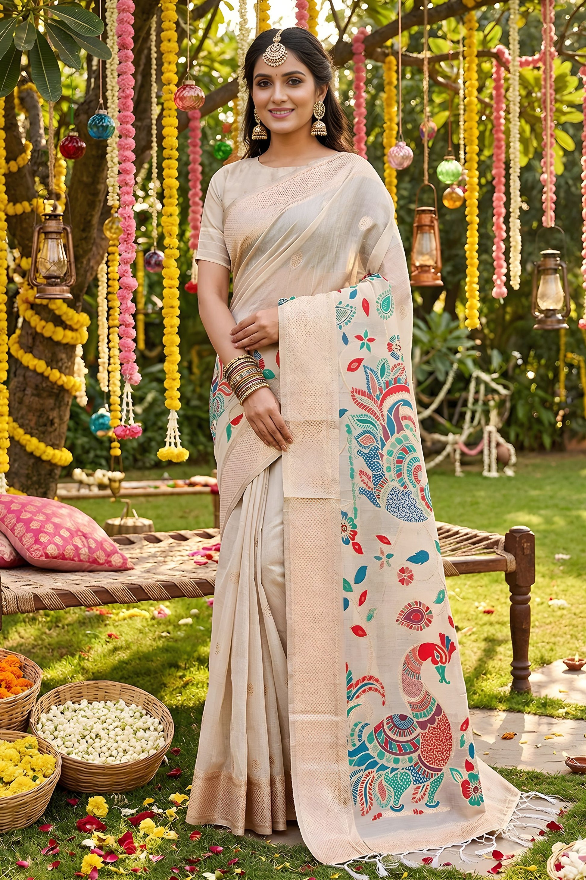  Beige Linen Silk Saree Multicolor Peacock Floral Print Zari Border