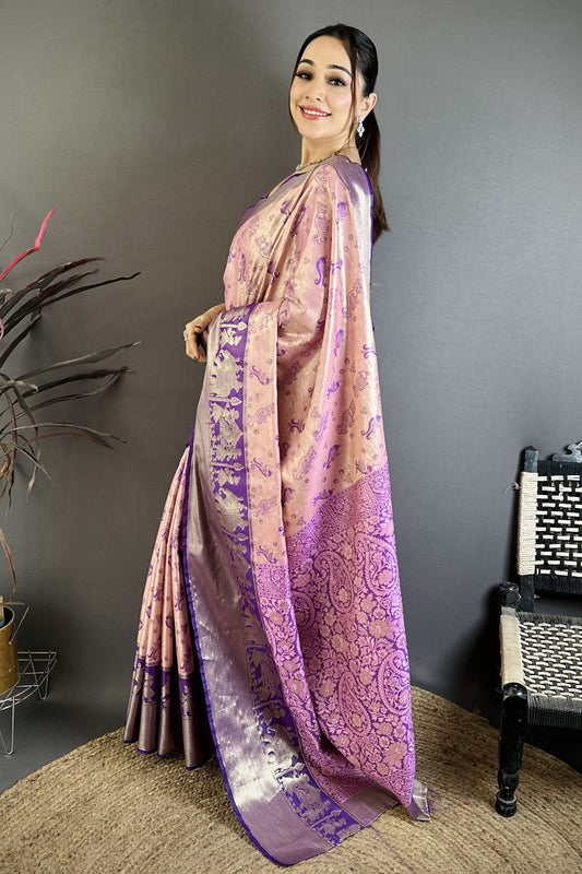 Pink Purple Kanjivaram Silk Saree Traditional Zari Woven Saree