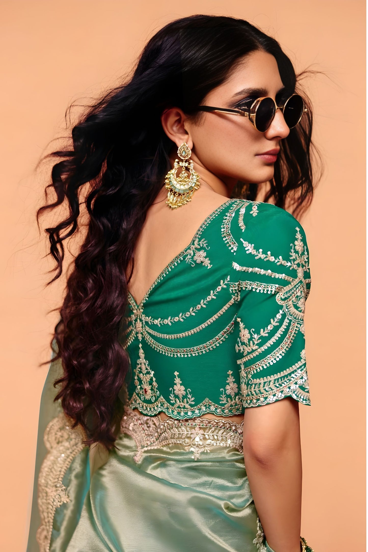 Sea Green Designer Embroidered Silk Saree Heavy Border Blouse Piece