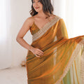 Olive Green Copper Organza Saree Designer Embroidered Border