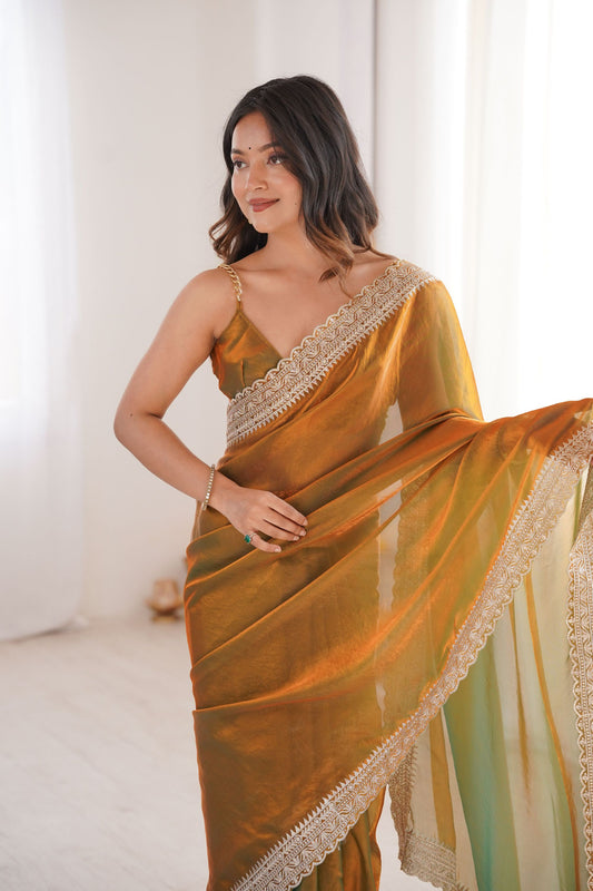 Olive Green Copper Organza Saree Designer Embroidered Border