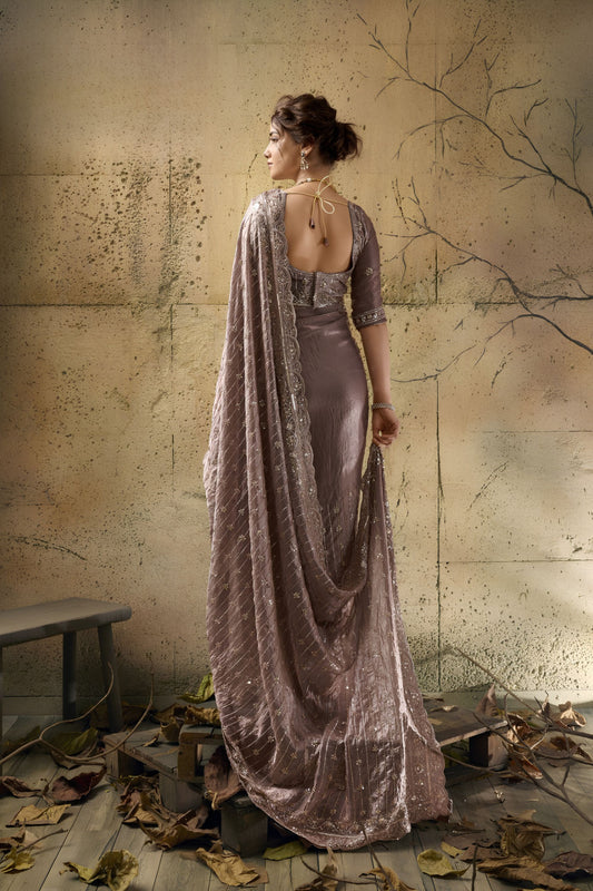 Luxury Mauve Velvet Satin Beads Sequins Zari Work Saree for Women