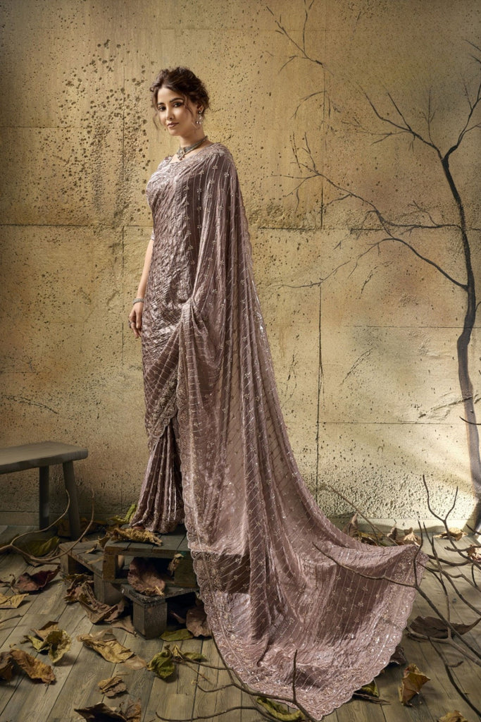 Luxury Mauve Velvet Satin Beads Sequins Zari Work Saree for Women