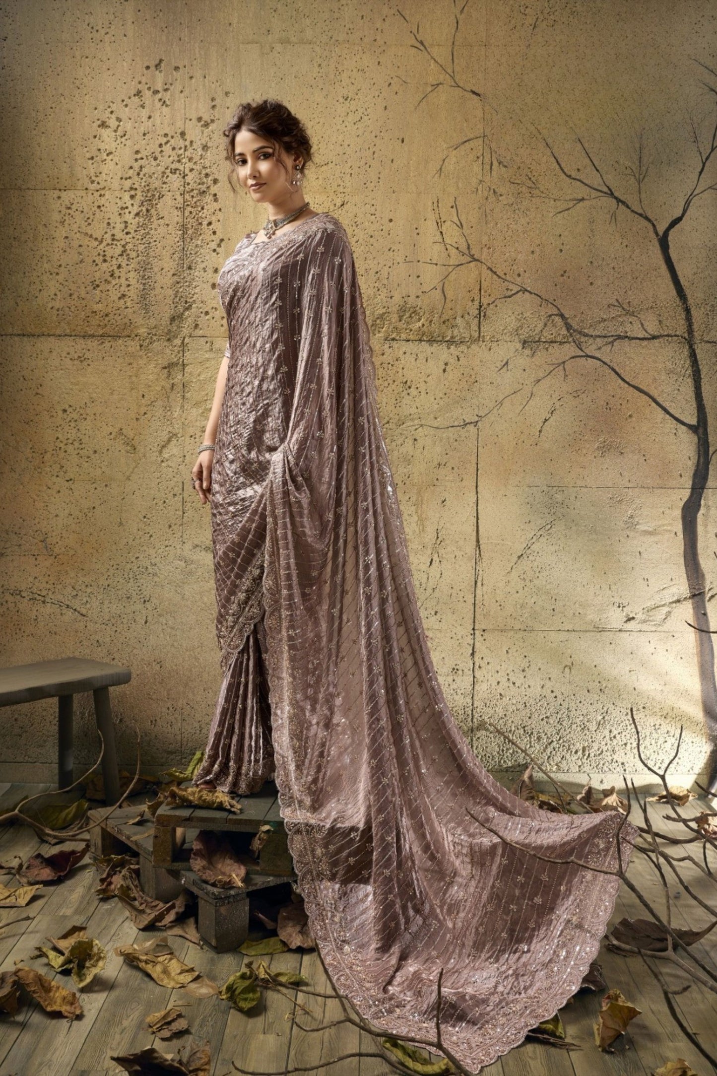 Luxury Mauve Velvet Satin Beads Sequins Zari Work Saree for Women