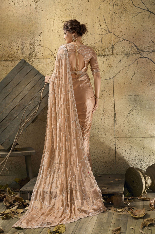 Premium Peach Velvet Satin Beads Sequins Zari Work Saree for Women