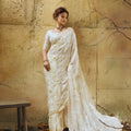 Festive White Velvet Satin Saree with Beads Sequins Zari Work for Women
