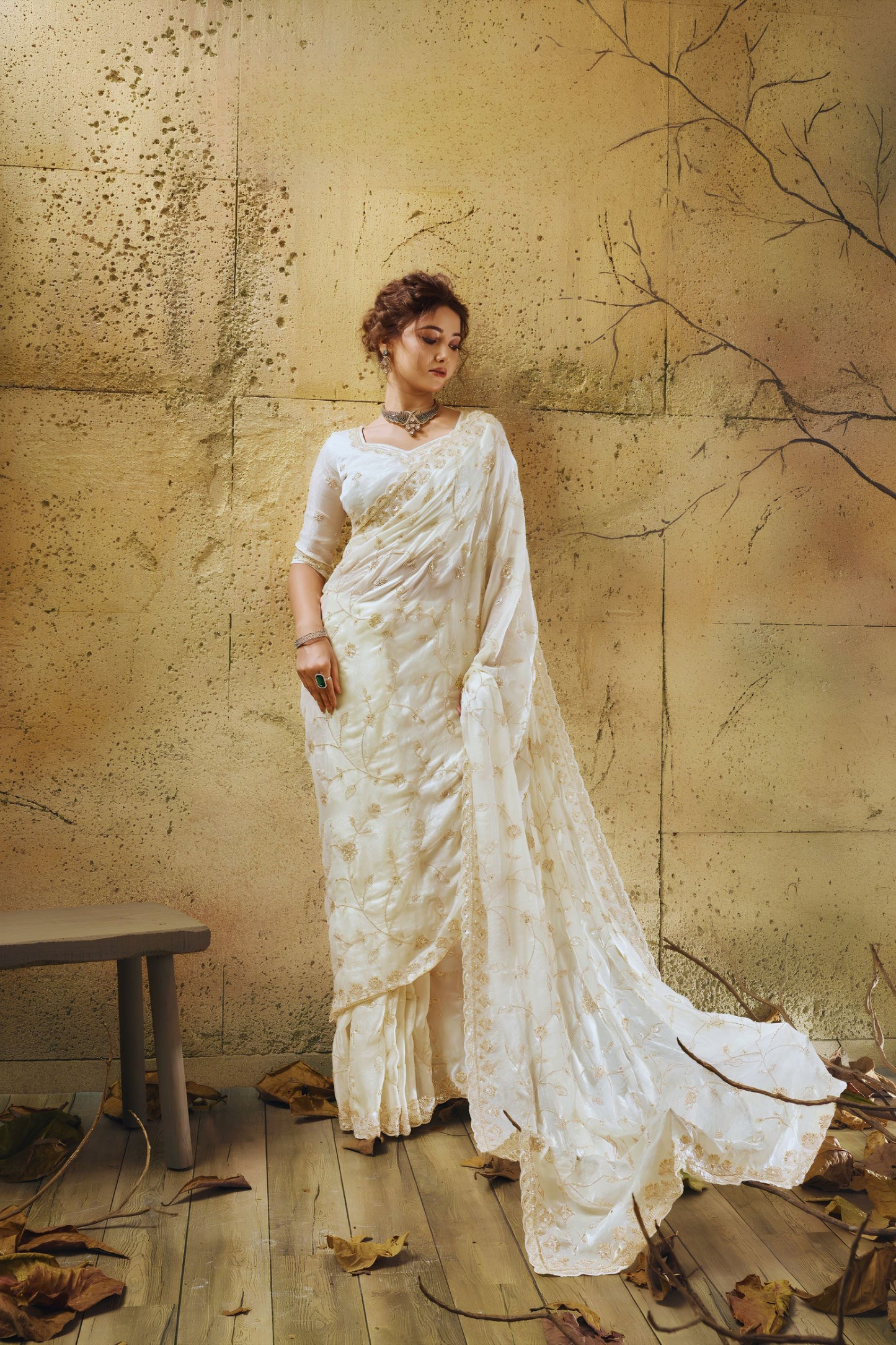 Festive White Velvet Satin Saree with Beads Sequins Zari Work for Women