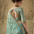 Royal Aqua Blue Velvet Satin Beads Sequins Zari Work Saree for Women