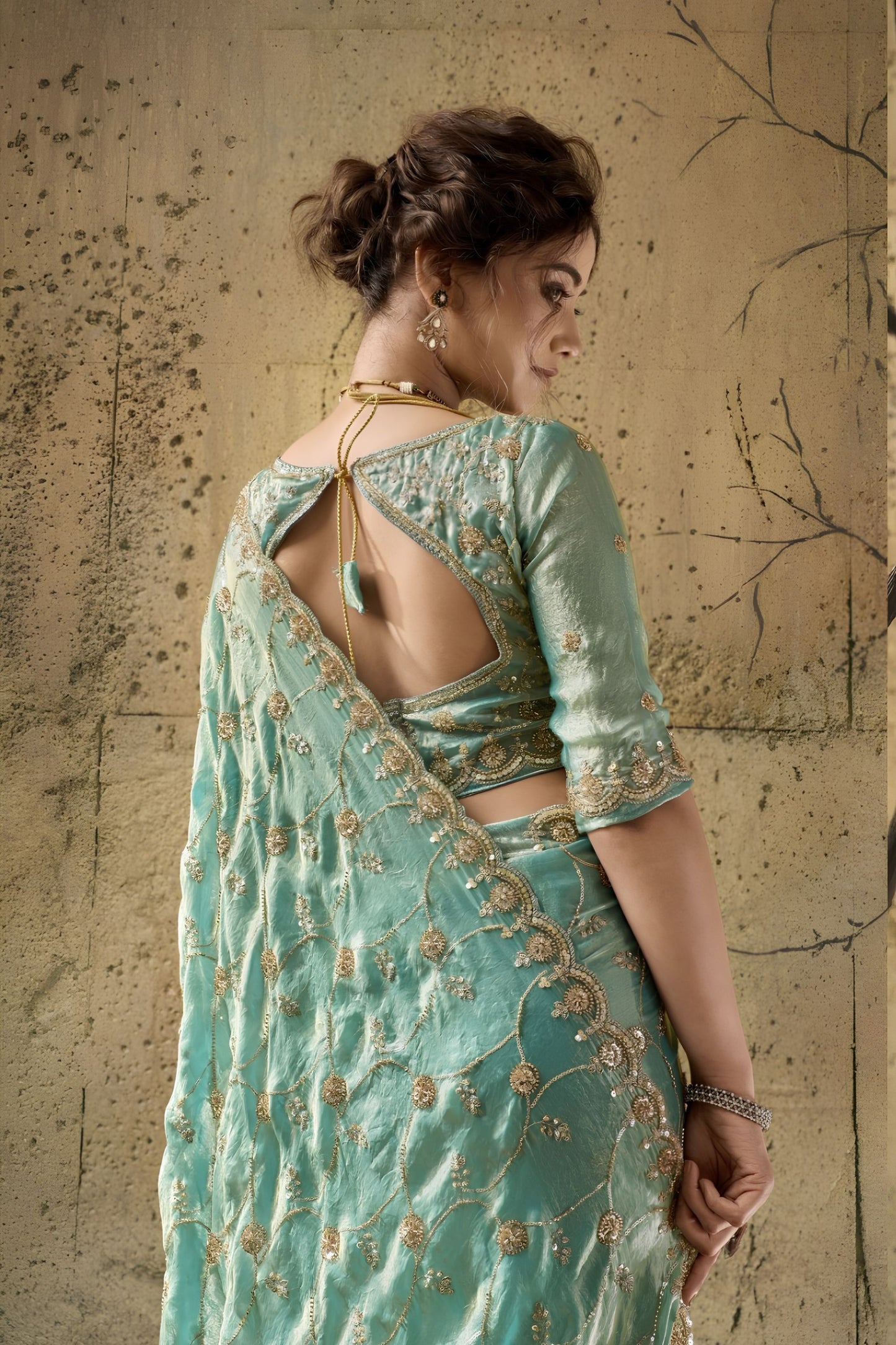 Royal Aqua Blue Velvet Satin Beads Sequins Zari Work Saree for Women
