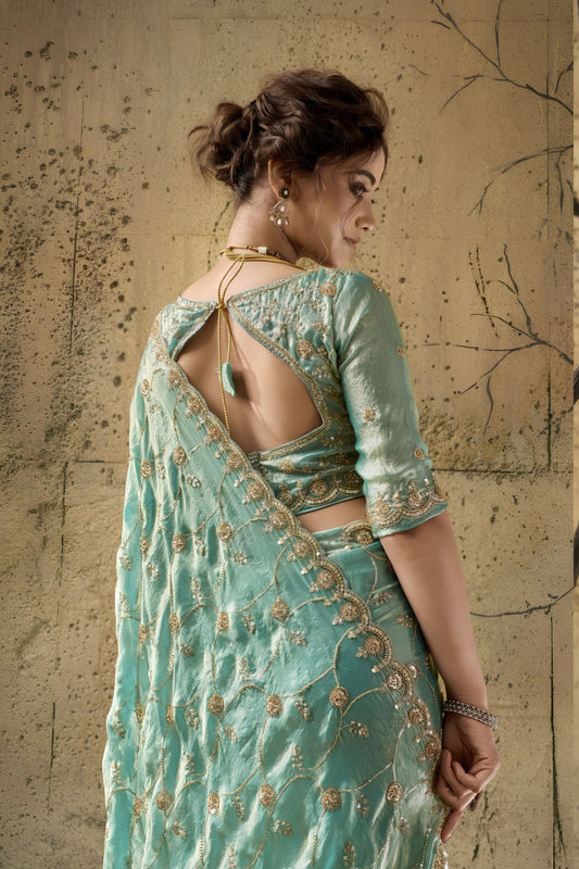 Royal Aqua Blue Velvet Satin Beads Sequins Zari Work Saree for Women