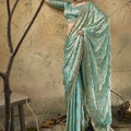 Royal Aqua Blue Velvet Satin Beads Sequins Zari Work Saree for Women
