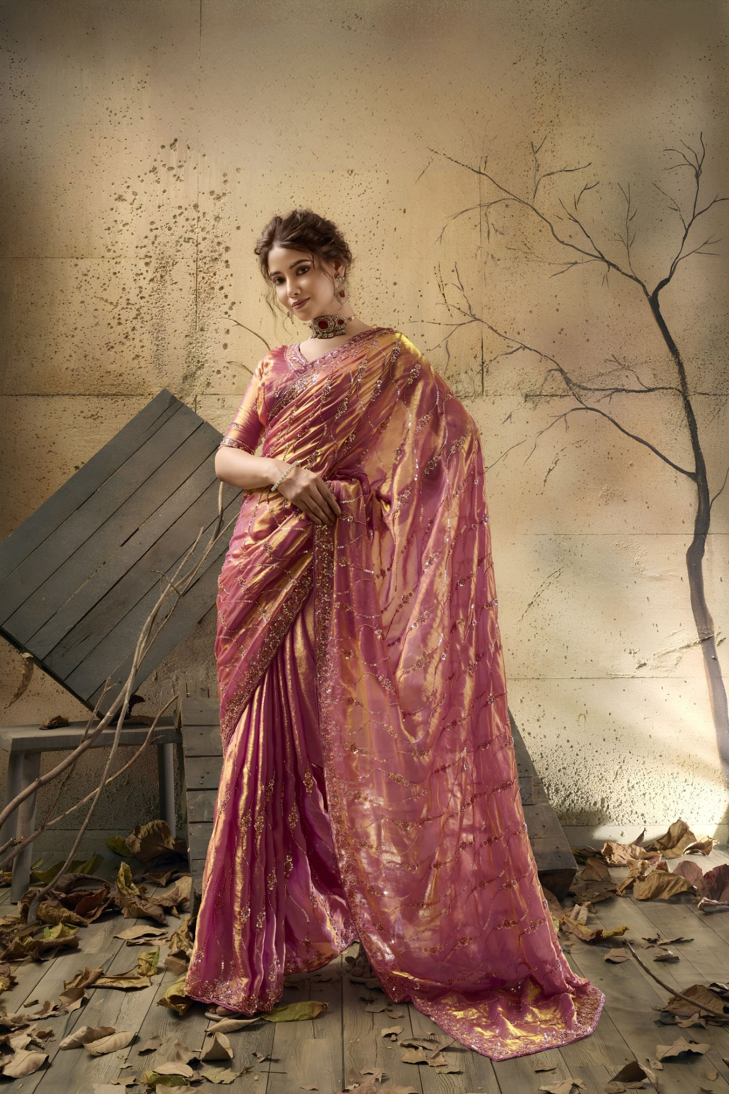 Beautiful Rani Pink Velvet Satin Beads Sequins Zari Work Saree for Women