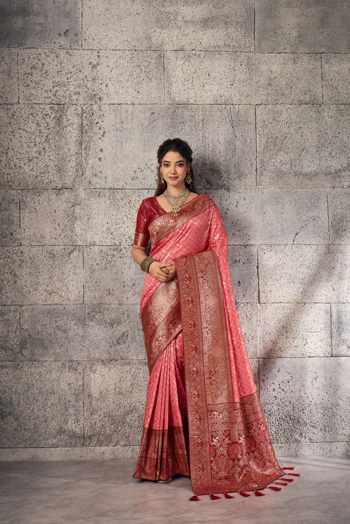 Beautiful Pink Banarasi Silk Saree Meenakari Zari Woven for Women