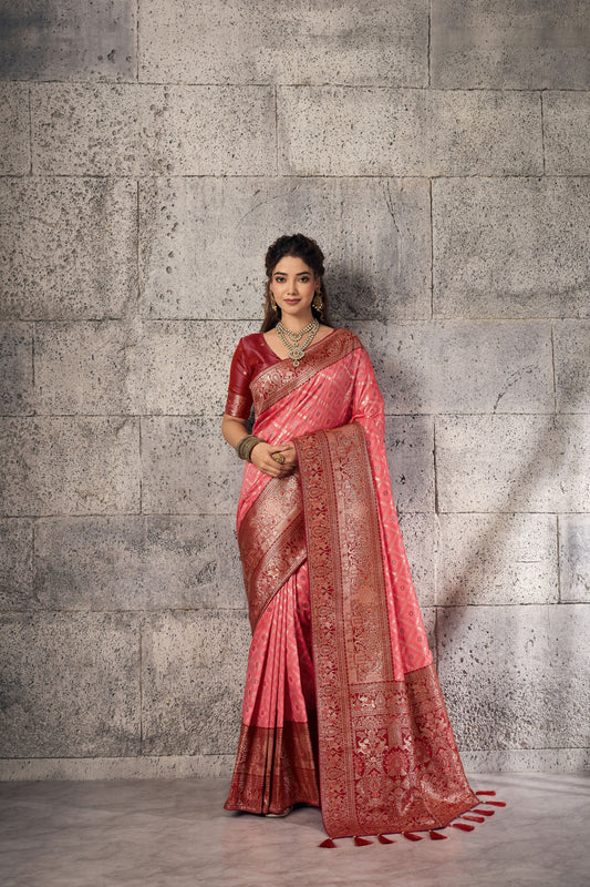 Beautiful Pink Banarasi Silk Saree Meenakari Zari Woven for Women