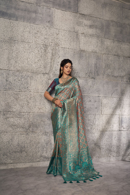 Royal Teal Blue Banarasi Silk Saree Meenakari Zari Woven for Women