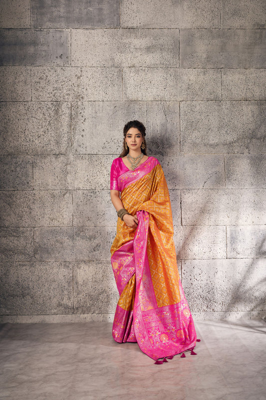 Stylish Mustard Yellow Banarasi Silk Saree Meenakari Zari Woven for Women