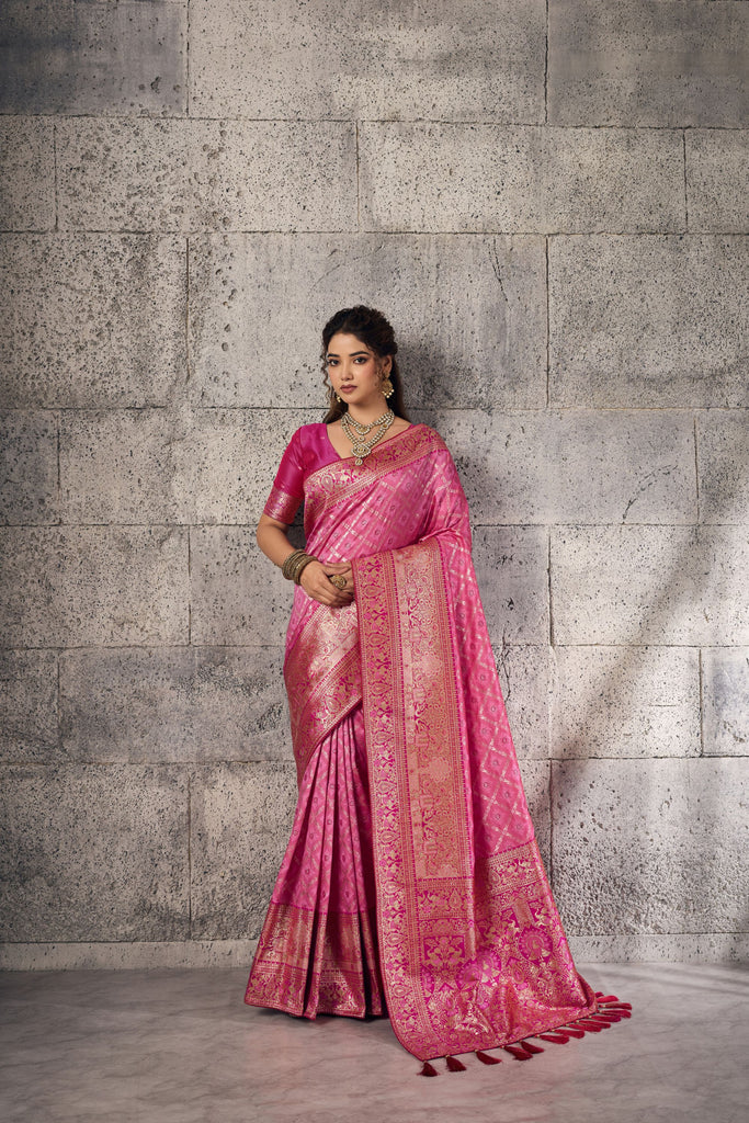 Premium Pink Banarasi Silk Saree Meenakari Zari Woven Border for Women