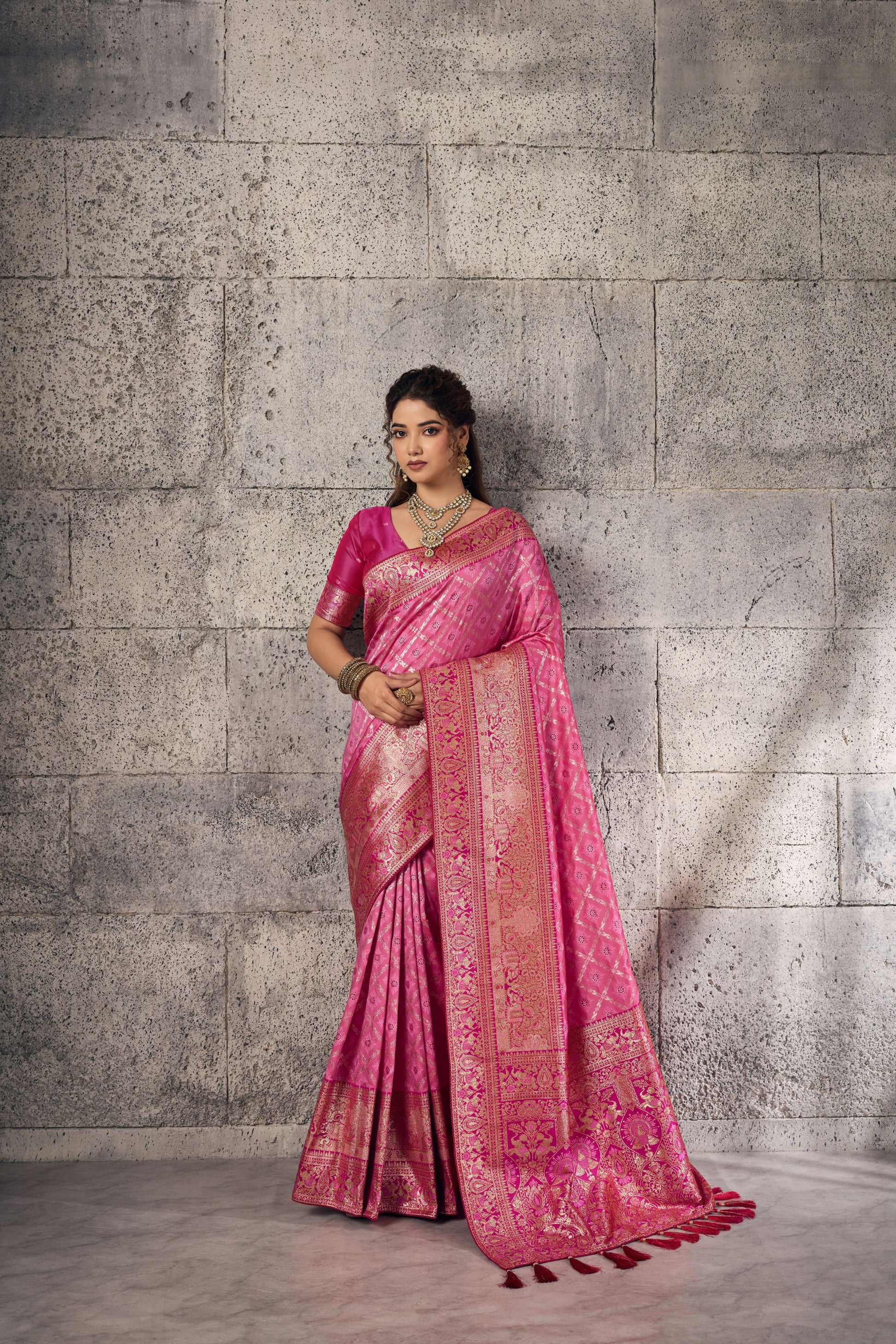 Premium Pink Banarasi Silk Saree Meenakari Zari Woven Border for Women