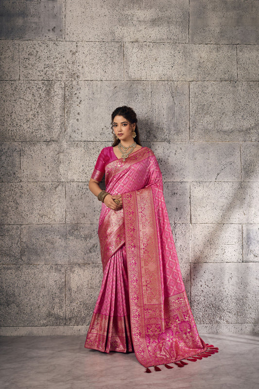 Premium Pink Banarasi Silk Saree Meenakari Zari Woven Border for Women