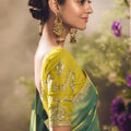 Sea Green Soft Silk Saree with Gold Zari Stripes Designer Blouse