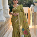 Olive Green Linen Silk Saree with Multicolor Floral Print Woven Border