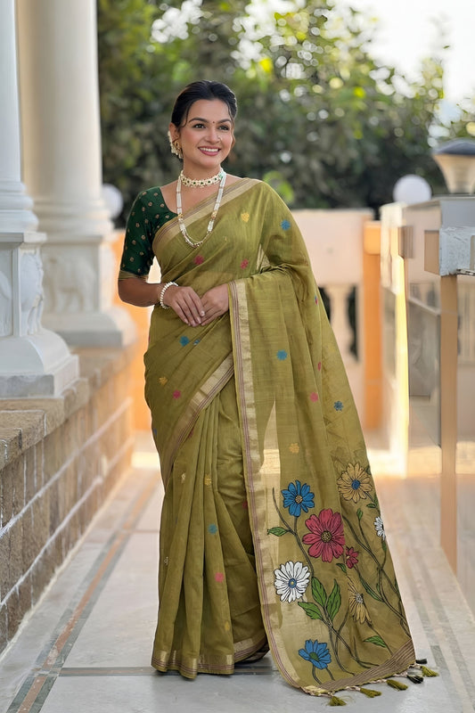 Olive Green Linen Silk Saree with Multicolor Floral Print Woven Border