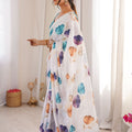 White Floral Digital Printed Linen Saree with Designer Lace Border