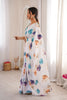 White Floral Digital Printed Linen Saree with Designer Lace Border