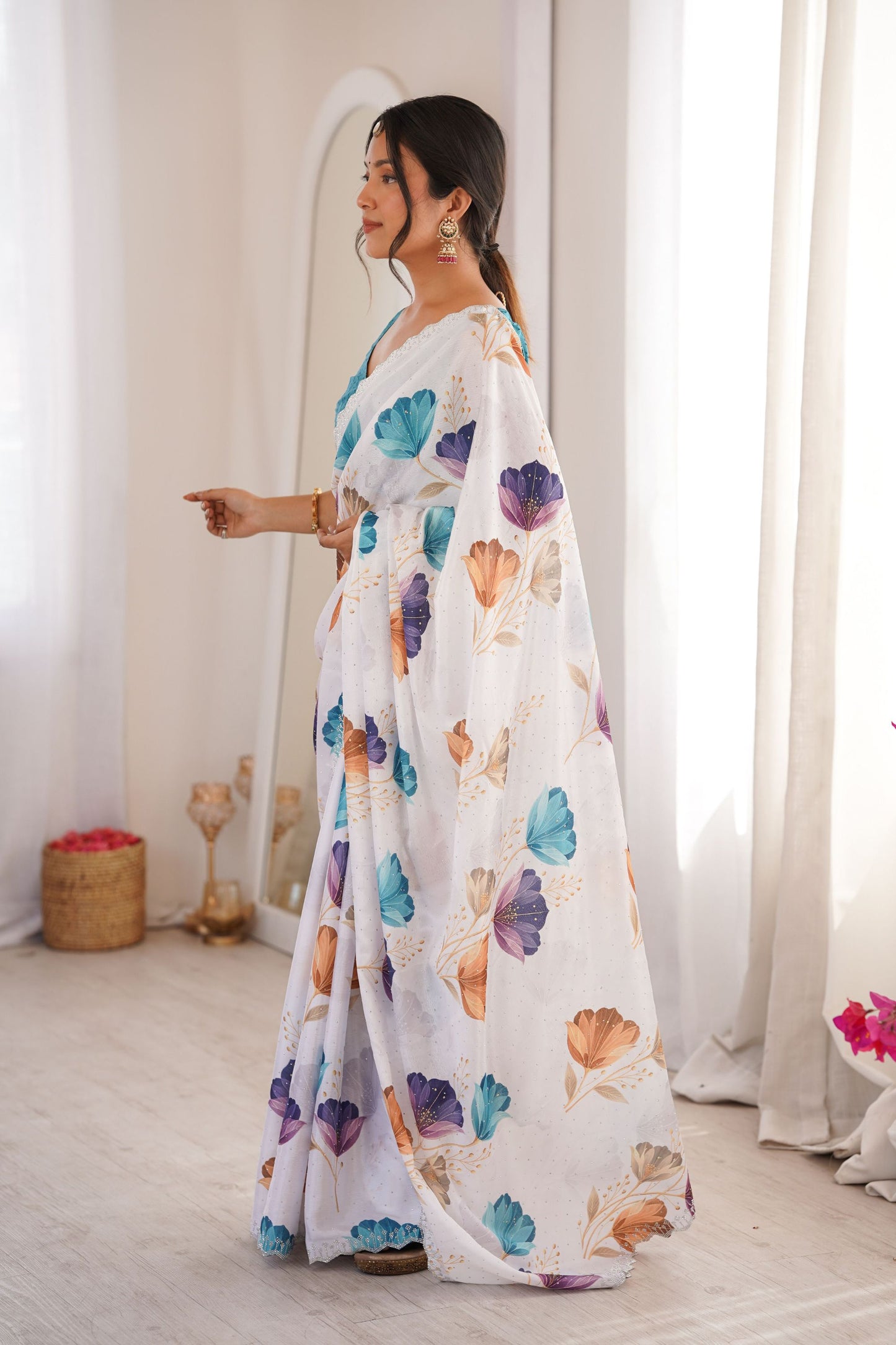 White Floral Digital Printed Linen Saree with Designer Lace Border