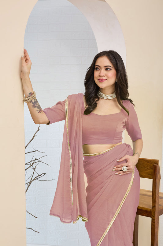 Dusty Pink Georgette Ready To Wear Saree Designer Pearl Lace Border